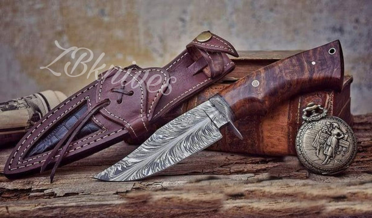 9.5 Inches HAND FORGED Special Feather Damascus Steel Hunting