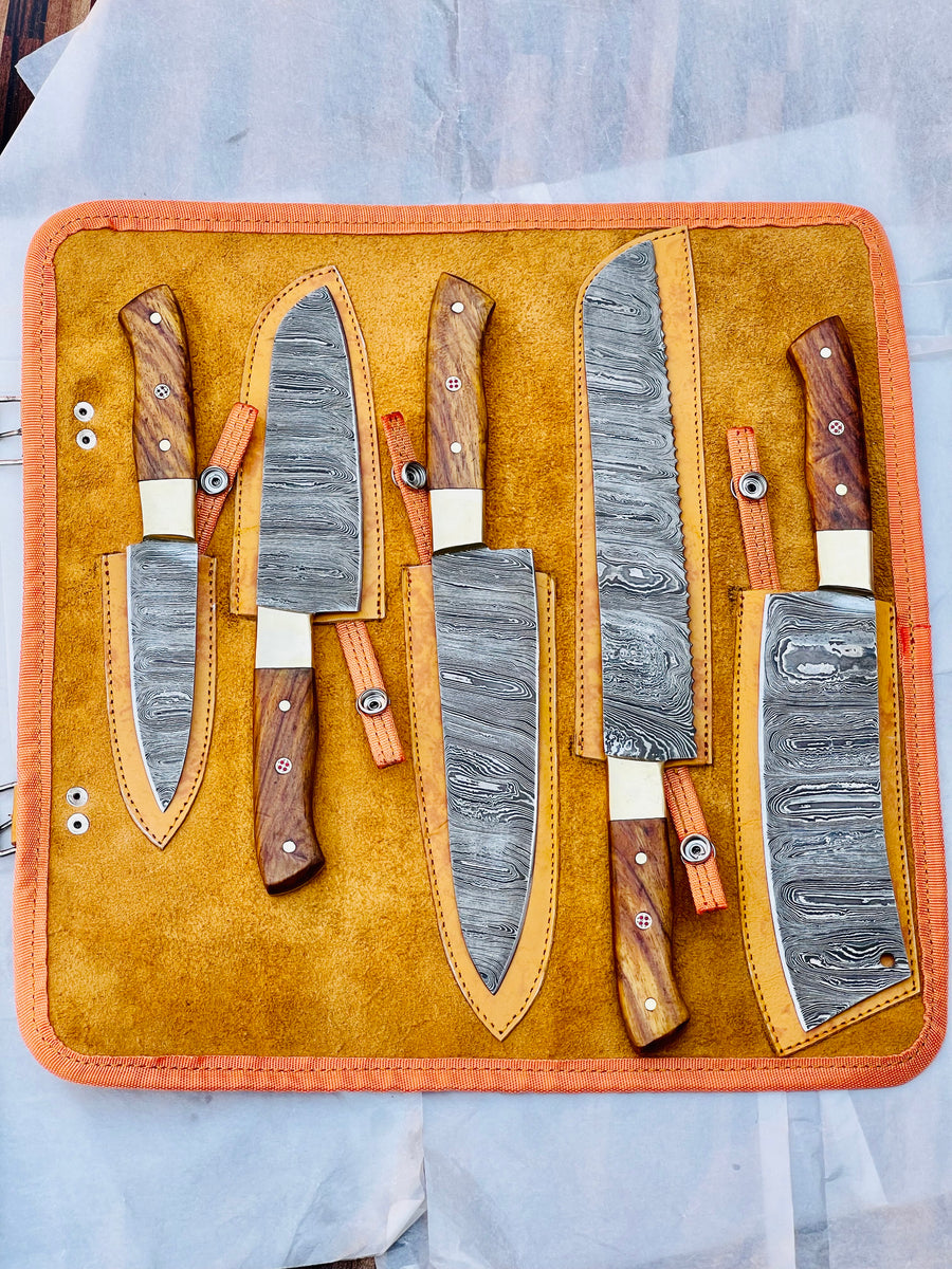 full tang kitchen knives set with leather kit roll bag