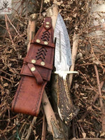 11" Inches HAND FORGED Fixed Blade Damascus Steel Gut Hook Hunting Knife+ Leather sheath ZB Knives Store