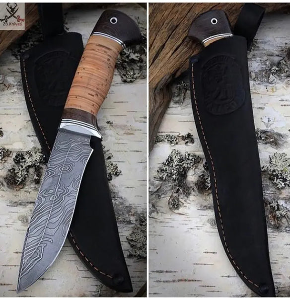 11" inches HAND FORGED Fixed Blade Damascus Steel Hunting Knife + Leather Sheath ZB Knives Store