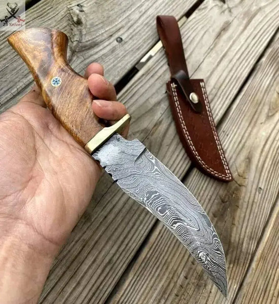 11"inches HAND FORGED Fixed Blade Damascus Steel Hunting Knife + Leather Sheath ZB Knives Store