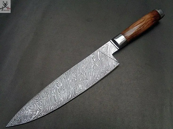 12.75" inches HAND FORGED Full Tang Damascus Steel Chef Knife + Leather Sheath ZB Knives Store