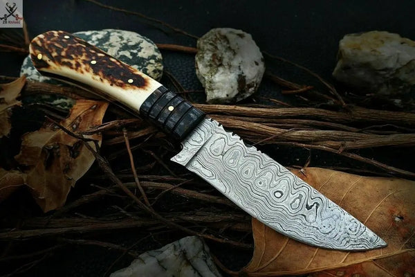 12" HAND FORGED Full Tang Damascus Steel Hunting knife + Leather Sheath ZB Knives Store