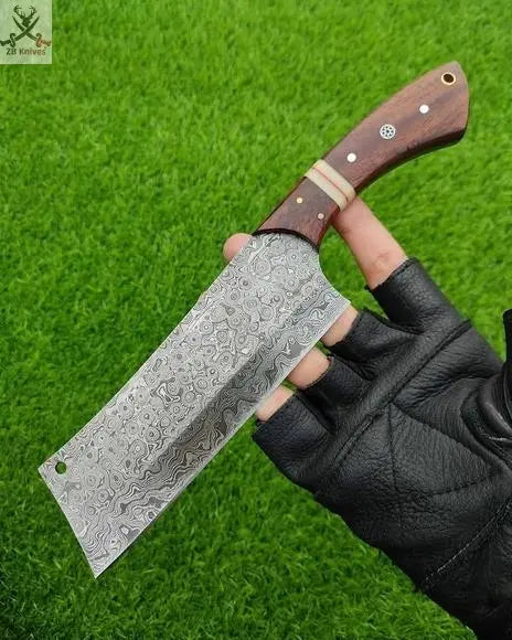 12" Inches HAND FORGED Full Tang Damascus Steel Cleaver Knife+ Leather sheath ZB Knives Store