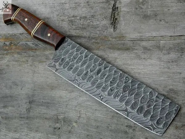 12" Inches HAND FORGED Full Tang Damascus Steel Cleaver Knife+ Leather sheath ZB Knives Store