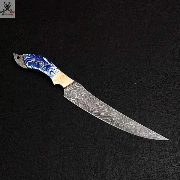 12" inch HAND FORGED Damascus Steel Fishing Fillet knife + Leather Sheath ZB Knives Store