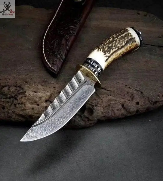 12" inches HAND FORGED Fixed Blade Damascus Steel Hunting Knife + Leather Sheath ZB Knives Store