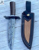 13" Inches HAND FORGED Fixed Blade Feather Damascus Steel Hunter Bowie knife+ Leather sheath ZB Knives Store