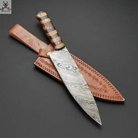 13" Inches HAND FORGED Full Tang Damascus Steel Chef Knife+ Leather sheath ZB Knives Store