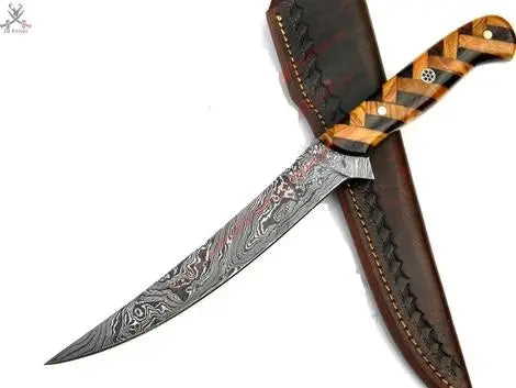 13" Inches HAND FORGED Full Tang Damascus Steel Fillet knife+ Leather Sheath ZB Knives Store