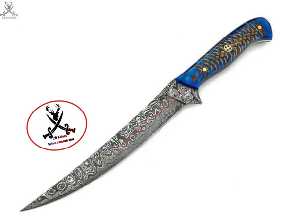 13" Inches HAND FORGED Full Tang Damascus Steel Fillet knife+ Leather sheath ZB Knives Store