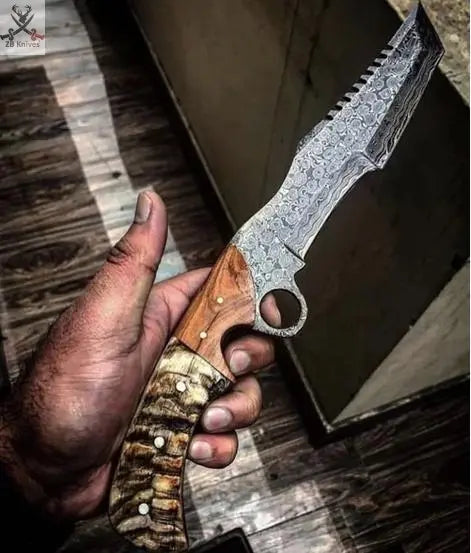 13" Inches HAND FORGED Full Tang Damascus Steel Finger Hole Tracker knife+ Leather sheath ZB Knives Store