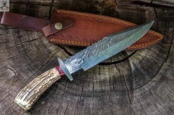 13" inches HAND FORGED Fixed Blade Damascus Steel Bowie knife + Leather Sheath ZB Knives Store