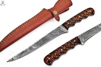 13" inches HAND FORGED Full Tang Damascus Steel Fillet Knife + Leather Sheath ZB Knives Store