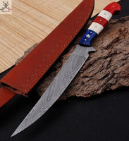 13" inches HAND FORGED Full Tang Damascus Steel Fillet Knife + Leather Sheath ZB Knives Store