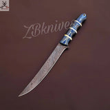 13" inches HAND FORGED Full Tang Damascus Steel Fillet Knife + leather sheath - ZB Knives Store