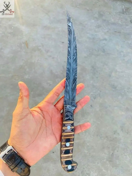 13" inches HAND FORGED Special Feather Damascus Steel Fishing Fillet knife + Leather Sheath ZB Knives Store