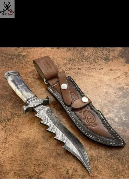 14.5" Inches HAND FORGED Full Tang Damascus Steel Hunting Knife+ Leather sheath ZB Knives Store