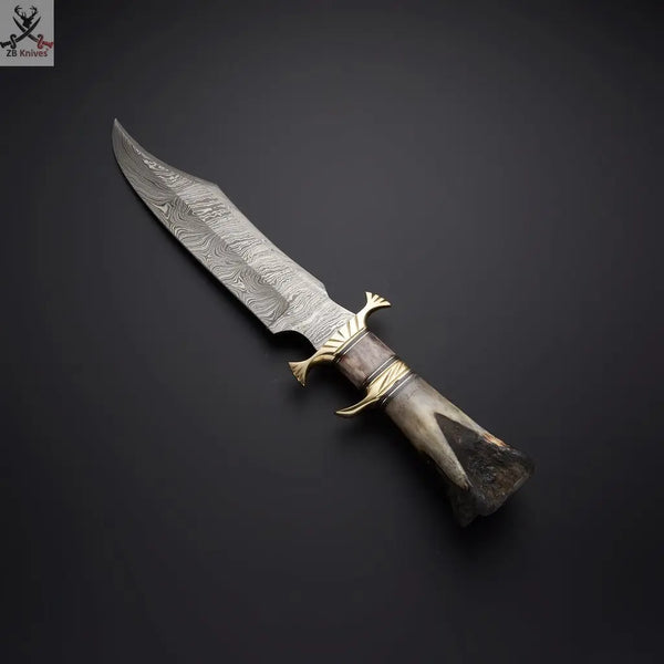 14" Inches HAND FORGED Damascus Steel Hunter Bowie knife+ Leather sheath ZB Knives Store