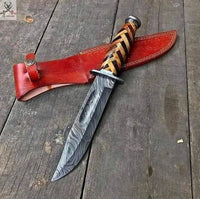 14" Inches HAND FORGED Fixed Blade Damascus Steel Hunter Bowie Knife+ Leather sheath ZB Knives Store