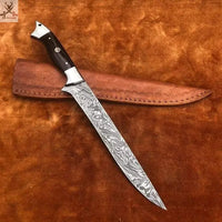 14" inch HAND FORGED Damascus Steel Fishing Fillet knife + Leather Sheath ZB Knives Store