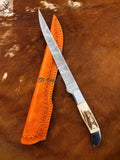 14" inch HAND FORGED Full Tang Damascus Steel Fishing Fillet knife + Leather Sheath ZB Knives Store