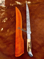 14" inch HAND FORGED Full Tang Damascus Steel Fishing Fillet knife + Leather Sheath ZB Knives Store