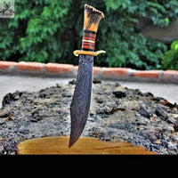 14" inches HAND FORGED Fixed Blade Damascus Steel Hunting Knife + Leather Sheath ZB Knives Store