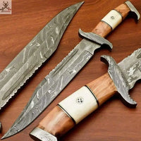 15.5" Inches HAND FORGED Fixed Blade Damascus Steel Hunter Bowie Knife+ Leather sheath ZB Knives Store