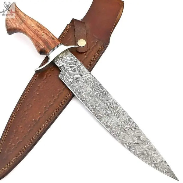 15" inches HAND FORGED Fixed Blade Damascus Steel Bowie knife + Leather Sheath ZB Knives Store