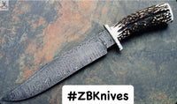 16" Inches HAND FORGED Fixed Damascus Steel Hunting Bowie Knife + leather sheath ZB Knives Store