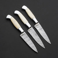 Custom Handmade Damascus Steel Bone Handle 3 Pcs Steak Knives With Leather Roll Kit Superior Steak Knife Set for Fine Dining Moments