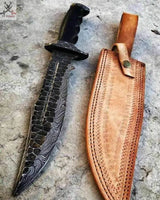 18" inches HAND FORGED Fixed Blade Damascus Steel Bowie Knife + Leather Sheath ZB Knives Store