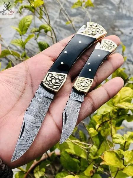 2 Folding Knives HAND FORGED Full Tang Damascus Steel Folding Pocket Knife+ Leather sheath ZB Knives Store