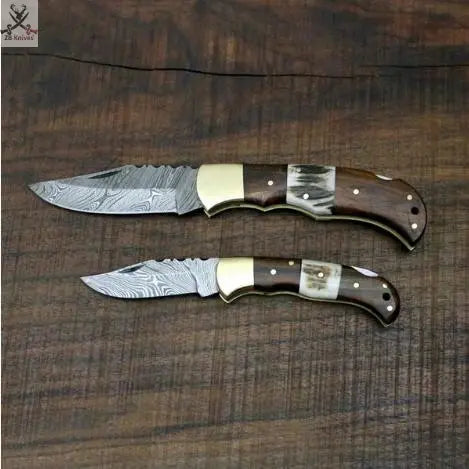 2 PCS HAND FORGED Damascus Steel Folding Pocket knife+ Leather sheath ZB Knives Store