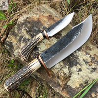 2 PCS HAND FORGED Fixed Blade 1095 High Carbon Steel Hunting and Skinning knife + Leather Sheath ZB Knives Store