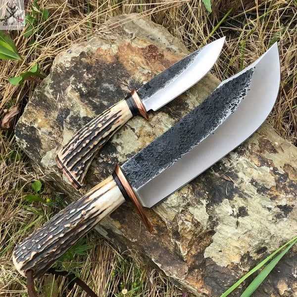 2 PCS HAND FORGED Fixed Blade 1095 High Carbon Steel Hunting and Skinning knife + Leather Sheath ZB Knives Store