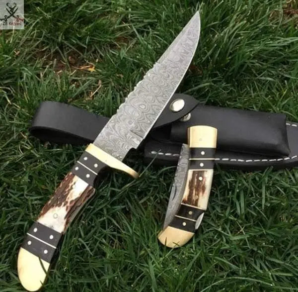 2 PCS Set HAND FORGED Full Tang Damascus Steel Hunting Knife and Folding Pocket knife + Leather Sheath ZB Knives Store