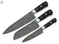 3 PCS HAND FORGED Full Tang Damascus Steel Kitchen Set knives + Leather Roll Kit ZB Knives Store