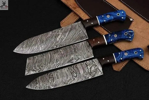 3 PCS HAND FORGED Full Tang Damascus kitchen set knives + Leather Sheath ZB Knives Store