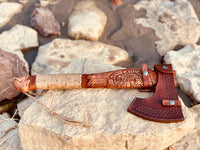 Viking Tomahawk for Sale - Engraved High Carbon Forged Steel Blade, Natural  Wood Handle with rope Wrap, Leather Sheath