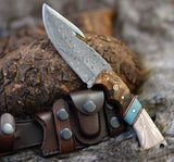 The Hunter's Edge: 8.25-Inch Gut Hook Skinning Hunting Knife with Raindrops Damascus Steel Blade, Rosewood and Epoxy Resin Handle