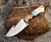 The Hunter's Edge: 8.25-Inch Gut Hook Skinning Hunting Knife with Raindrops Damascus Steel Blade, Rosewood and Epoxy Resin Handle