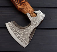 Viking Tomahawk for Sale - Engraved 1095 Forged Steel Blade, Ash Wood Handle with Leather Wrap, Leather Sheath