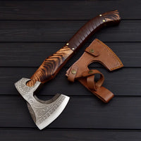 Viking Tomahawk for Sale - Engraved 1095 Forged Steel Blade, Ash Wood Handle with Leather Wrap, Leather Sheath