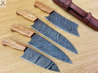 4 PCD HAND FORGED Full Tang Damascus Steel Kitchen Set knives+ Leather Roll Kit ZB Knives Store