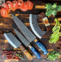 4 PCS HAND FORGED Fixed Blade 1095 High Carbon Steel Kitchen Set Knives+ Leather roll kit ZB Knives Store