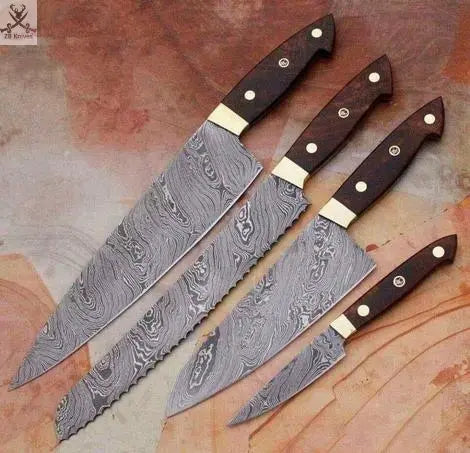 4 PCS HAND FORGED Full Tang Damascus Steel Kitchen Set Knives+ Leather Roll kit ZB Knives Store