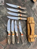 4 PCS, 6 PCS, 8 PCS  HAND FORGED Full Tang D2 Steel Steak Knives Set 🥩 + Leather Sheath ZB Knives Store