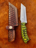 8.5" Inches HAND FORGED Full Tang Damascus Steel Tanto Knife+ Leather sheath